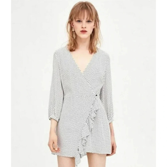 Zara TRF Polka Dot Ruffle Wrap Romper Size XS White & Black 14489 - Picture 1 of 14